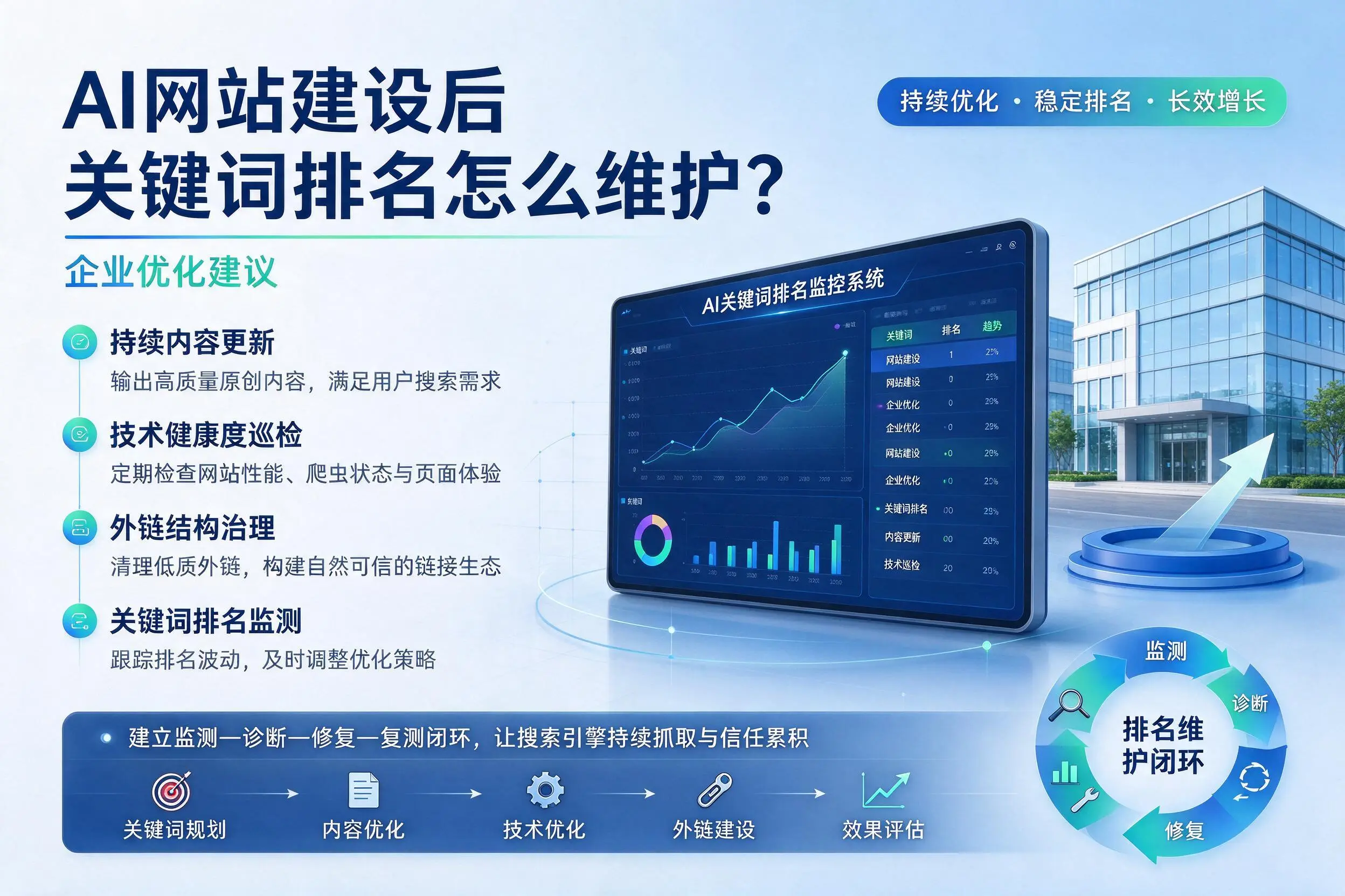 AI网站建设后关键词排名怎么维护？阿拉尔企业优化建议